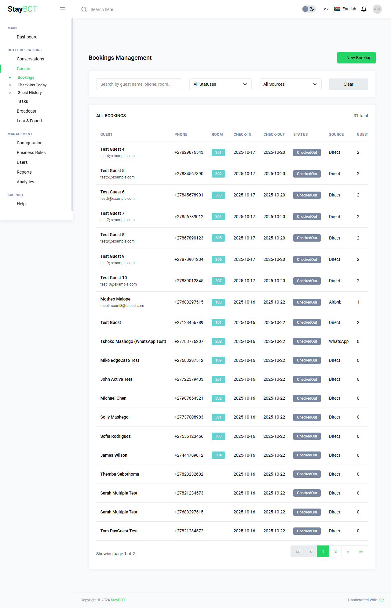 StayBot Admin Portal — Bookings Management view with real guest data, room assignments, and booking sources