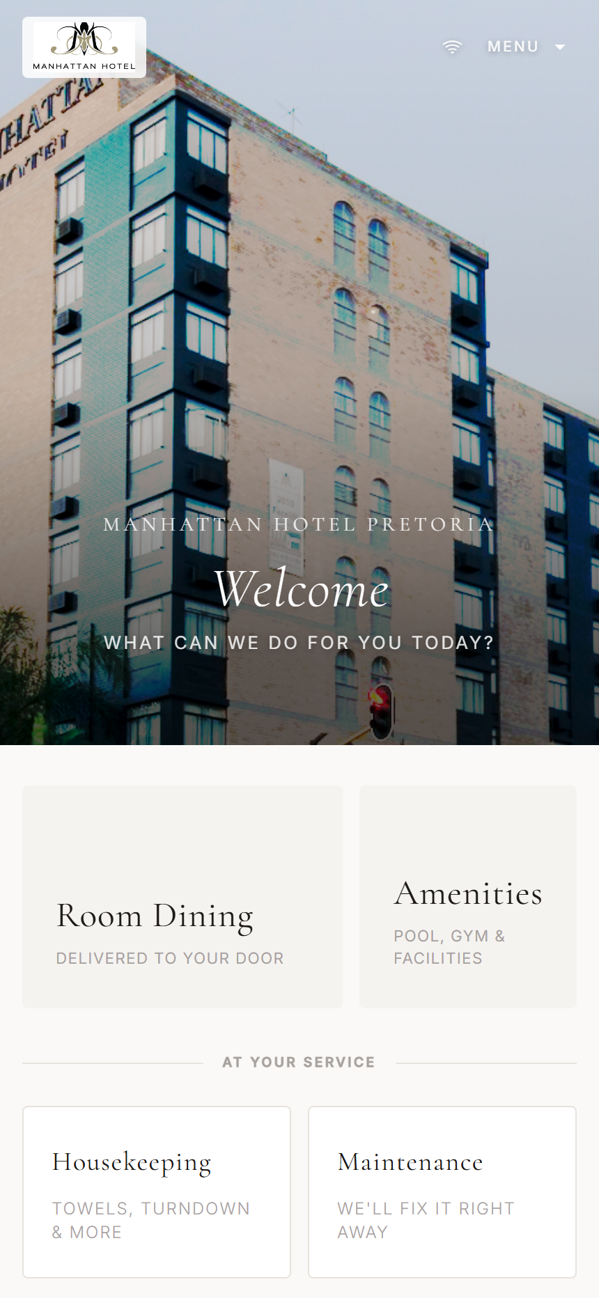 StayBot Guest Portal — Manhattan Hotel Pretoria luxury concierge home with Welcome heading, Room Dining, Amenities, Housekeeping, and Maintenance tiles